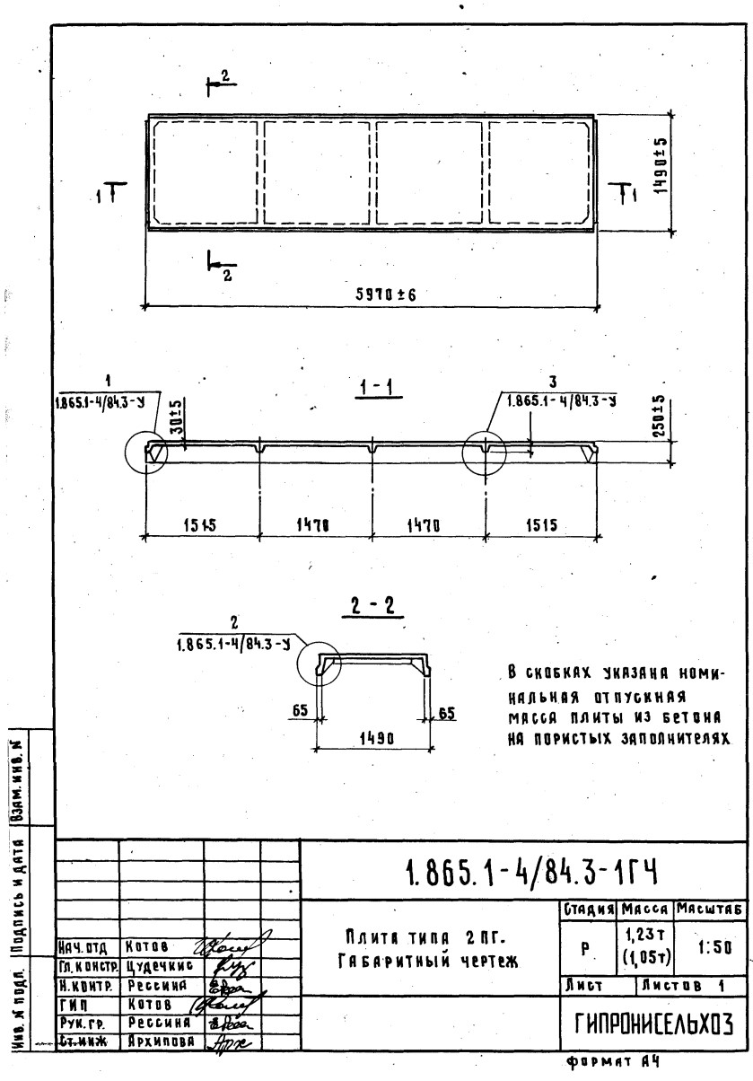 Плита ребристая 2ПГ - 1/2/3/4/5/6 АIV (АV, АтV) (с, к, ск), серия 1.865.1-4/84, выпуск 3