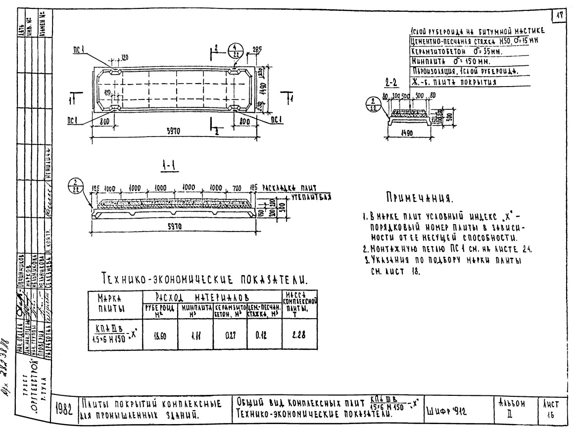 Плита покрытия комплексная ребристая КП АIIIв 1/2/3/4/5 1,5х6 М 150, шифр 912, альбом II