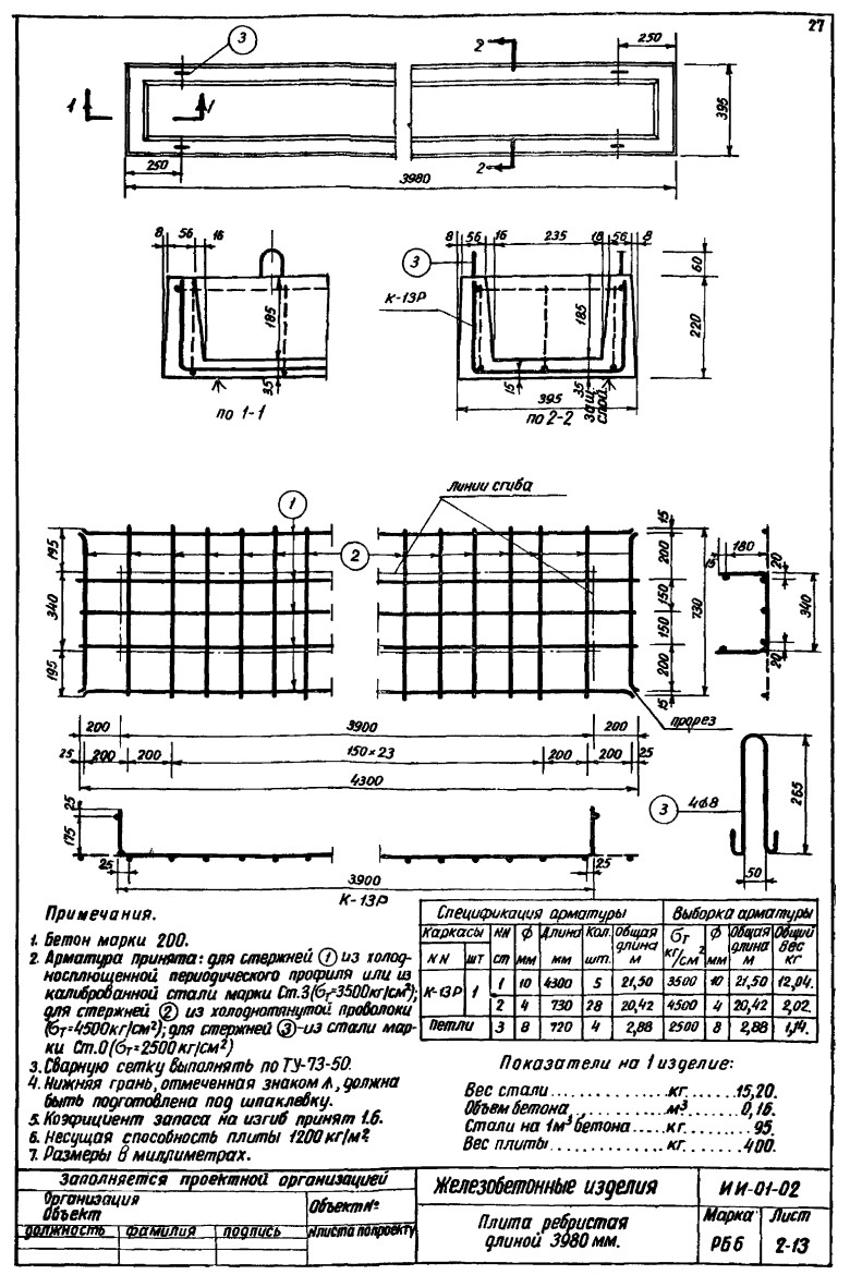 Плита ребристая РБ 6, серия ИИ-01-02