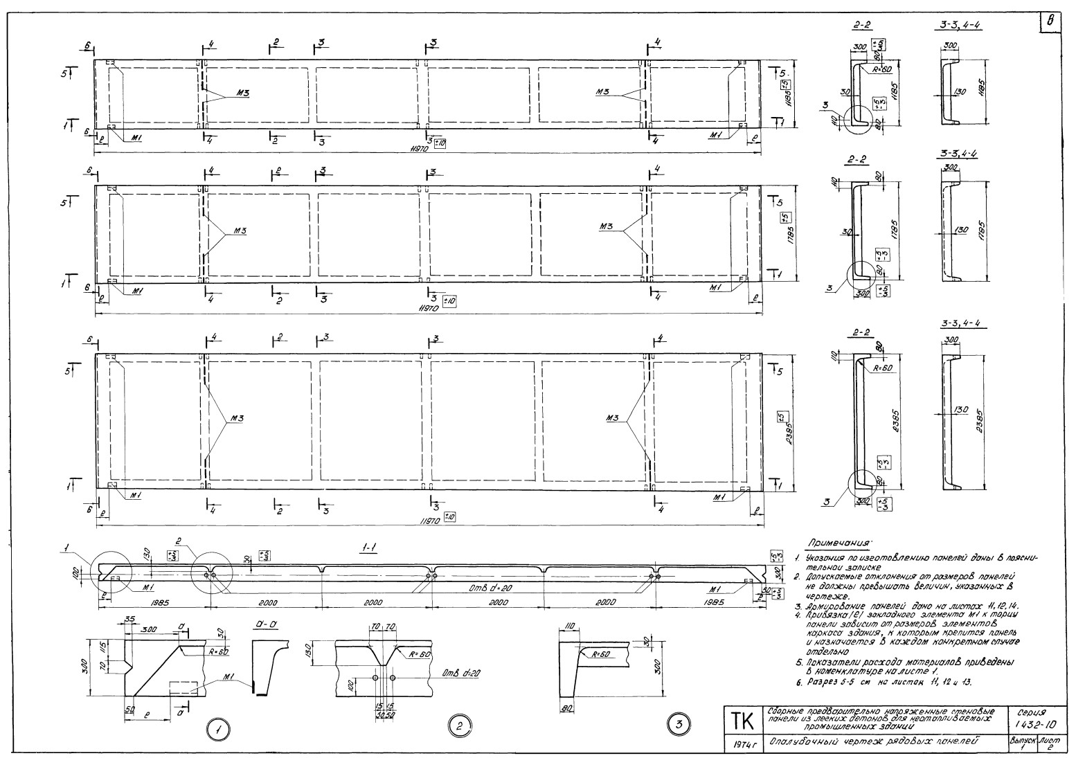 Панель стеновая ребристая рядовая из легких бетонов ПСЛ (АV, П, В) AIV-1-1 (2, 3), серия 1.432-10 вып. 1
