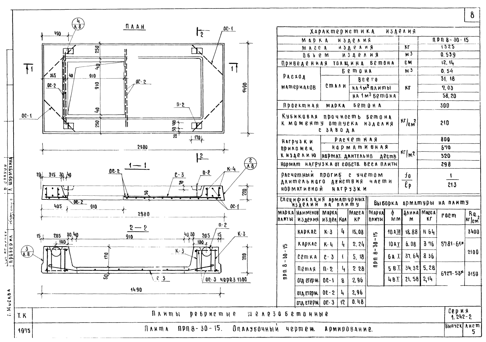 Плита ребристая ПРП 8-30-15, серия 1.242-2