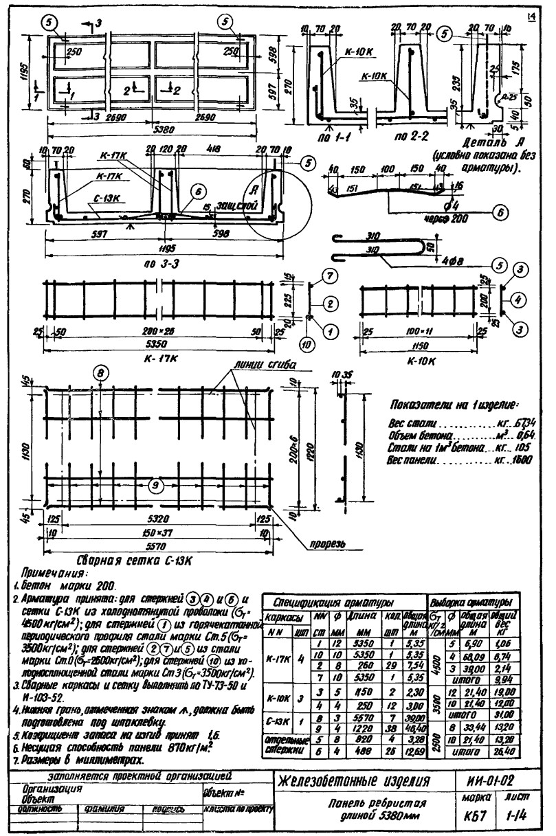 Плита ребристая КБ 7, серия ИИ-01-02