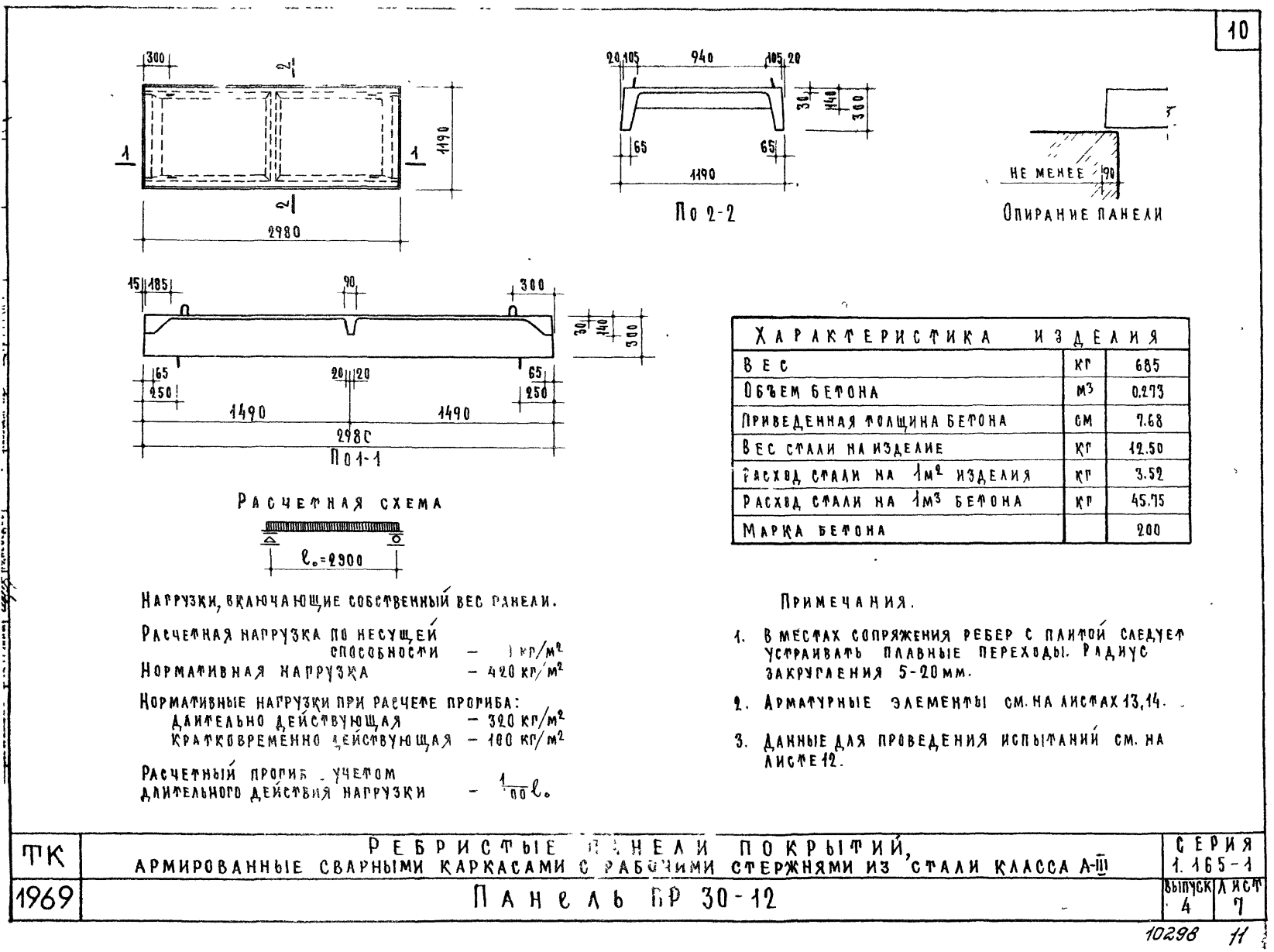 Панель покрытия ребристая ПР 30-12, серия 1.165-1, выпуск 4