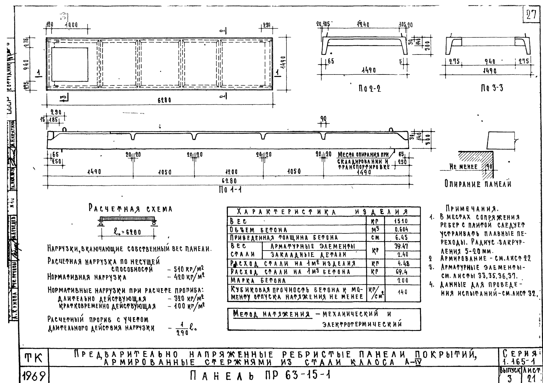 Панель покрытия ребристая ПР 63-15-1, серия 1.165-1, выпуски 3, 6