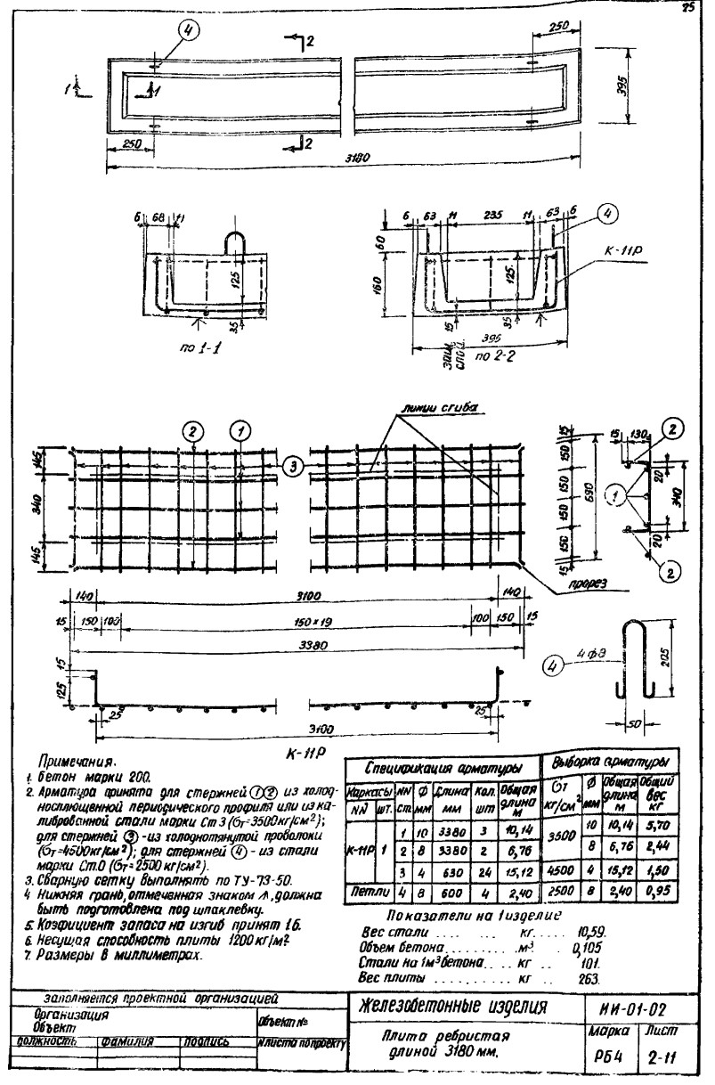 Плита ребристая РБ 4, серия ИИ-01-02
