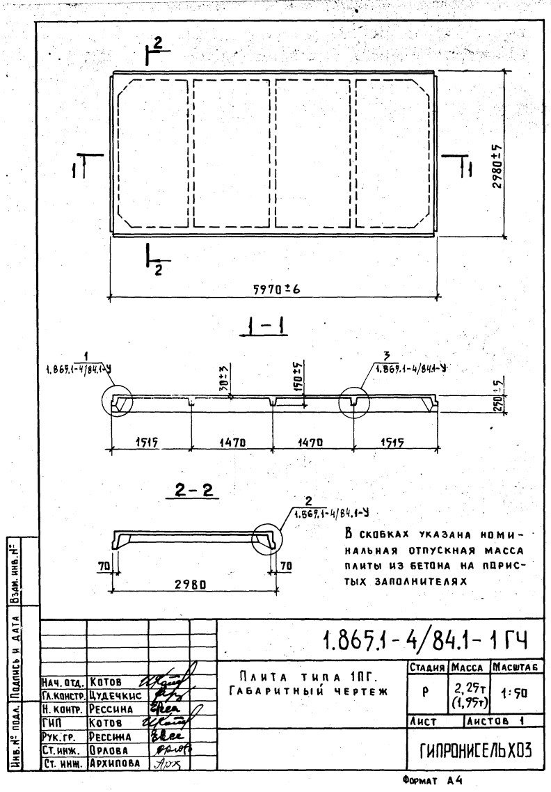 Плита ребристая 1ПГ 1/2/3/4/5 АIV, АV, АтV (с, к, ск), серия 1.865.1-4/84, выпуск 1