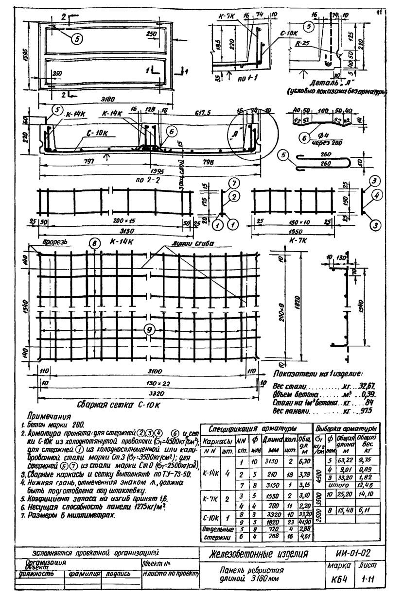 Плита ребристая КБ 4, серия ИИ-01-02