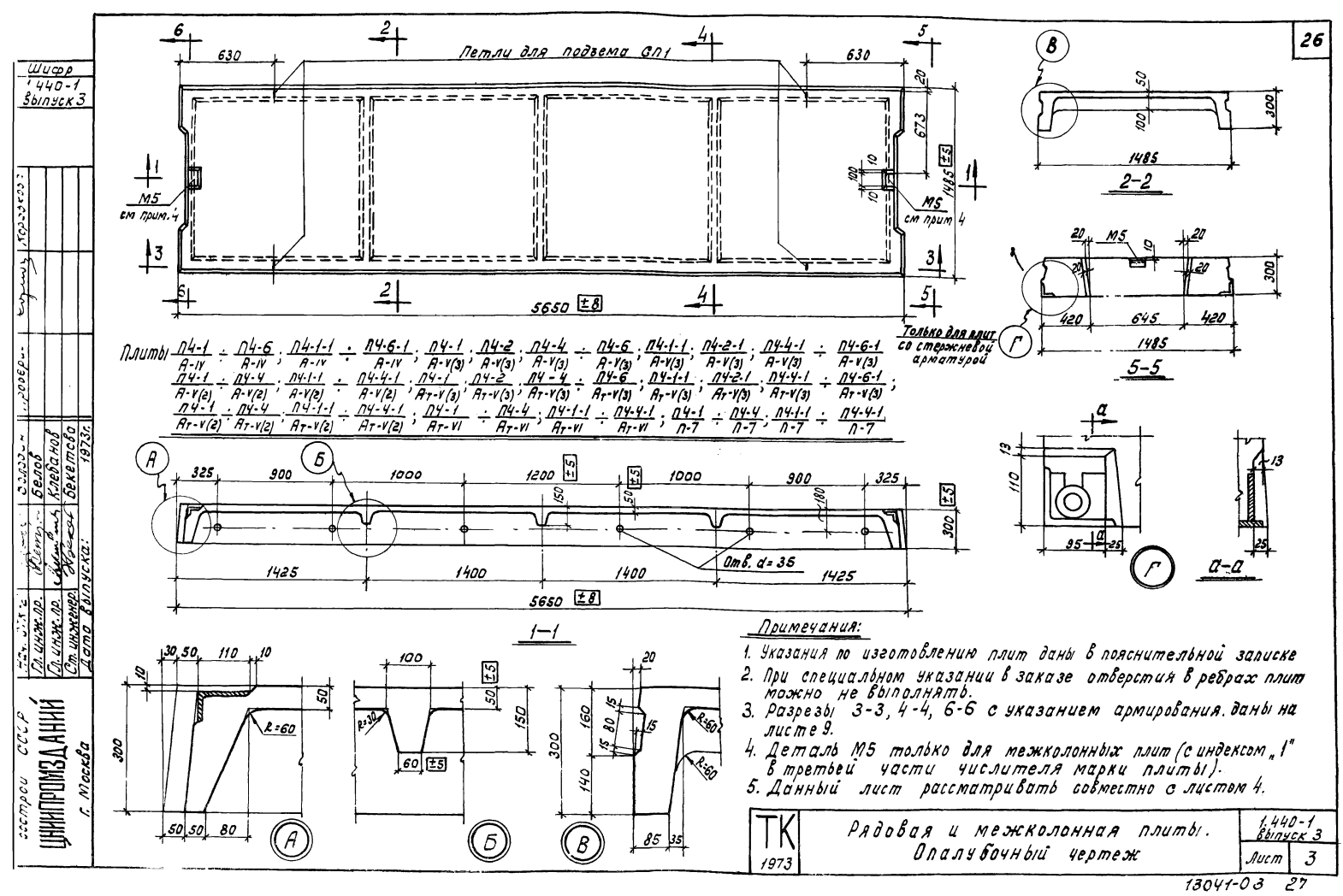 Плита ребристая П 4-4 АIV (АV (3), АтV (3), АV (2), АтV (2), АтVI, П7), серия 1.440-1, выпуск 3