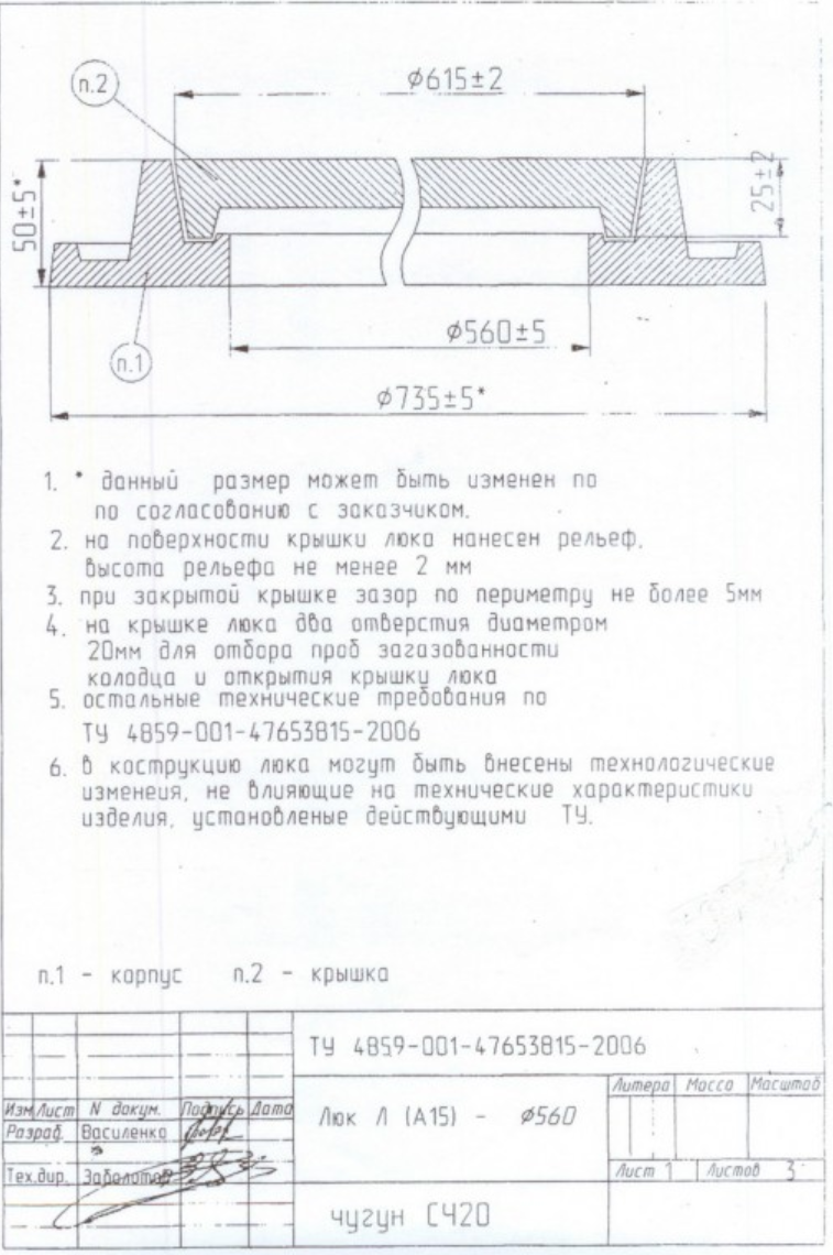Люк легкий чугунный Л(А15)-Д.1-55 Ø735×50 мм