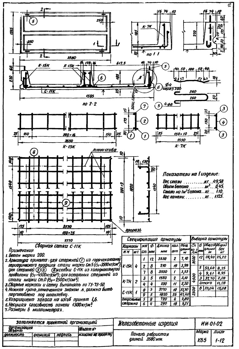 Плита ребристая КБ 5, серия ИИ-01-02