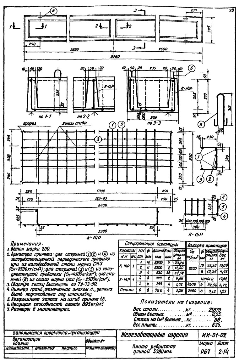 Плита ребристая РБ 7, серия ИИ-01-02