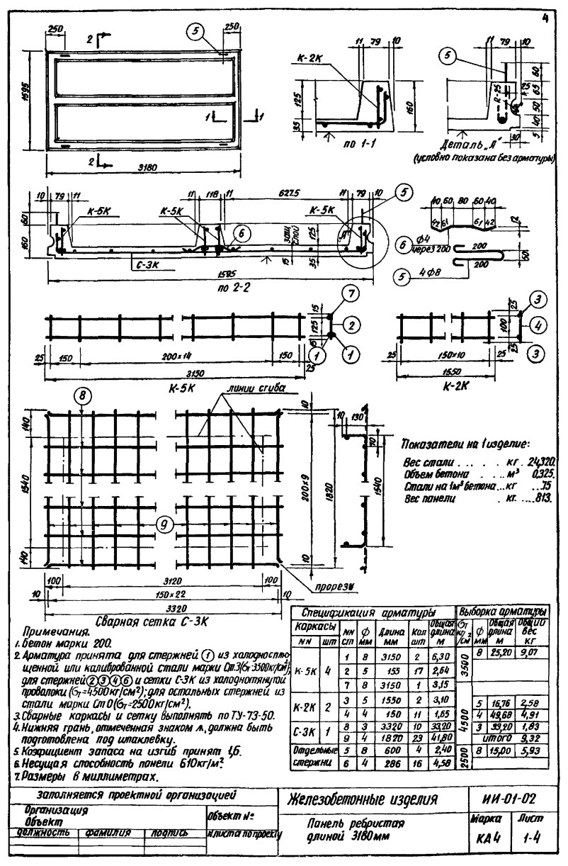 Плита ребристая КА 4, серия ИИ-01-02