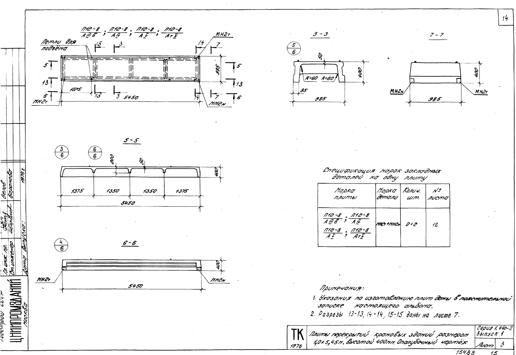 Плита ребристая П 12-8 (АIIIв, АIV, АV, АтV), серия 1.440-2, выпуск 1