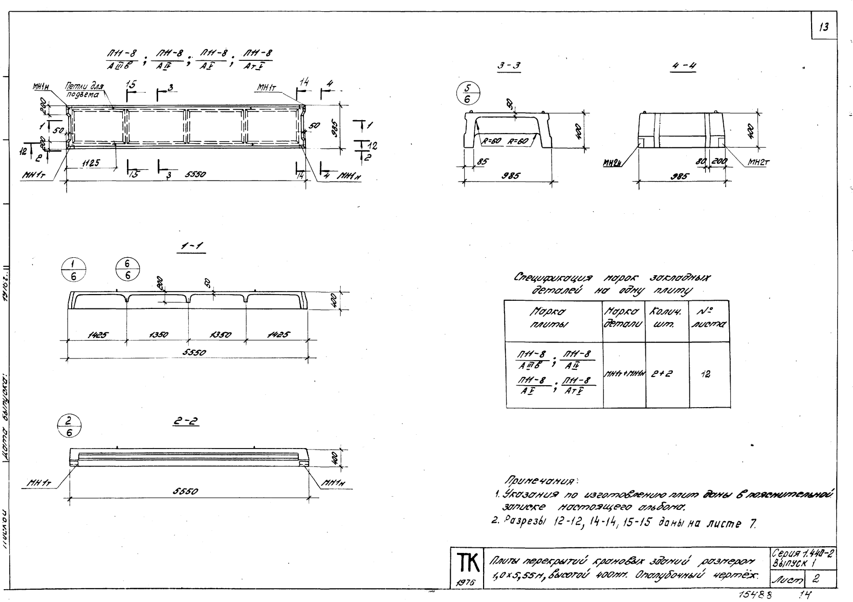Плита ребристая П 11-8 (АIIIв, АIV, АV, АтV), серия 1.440-2, выпуск 1
