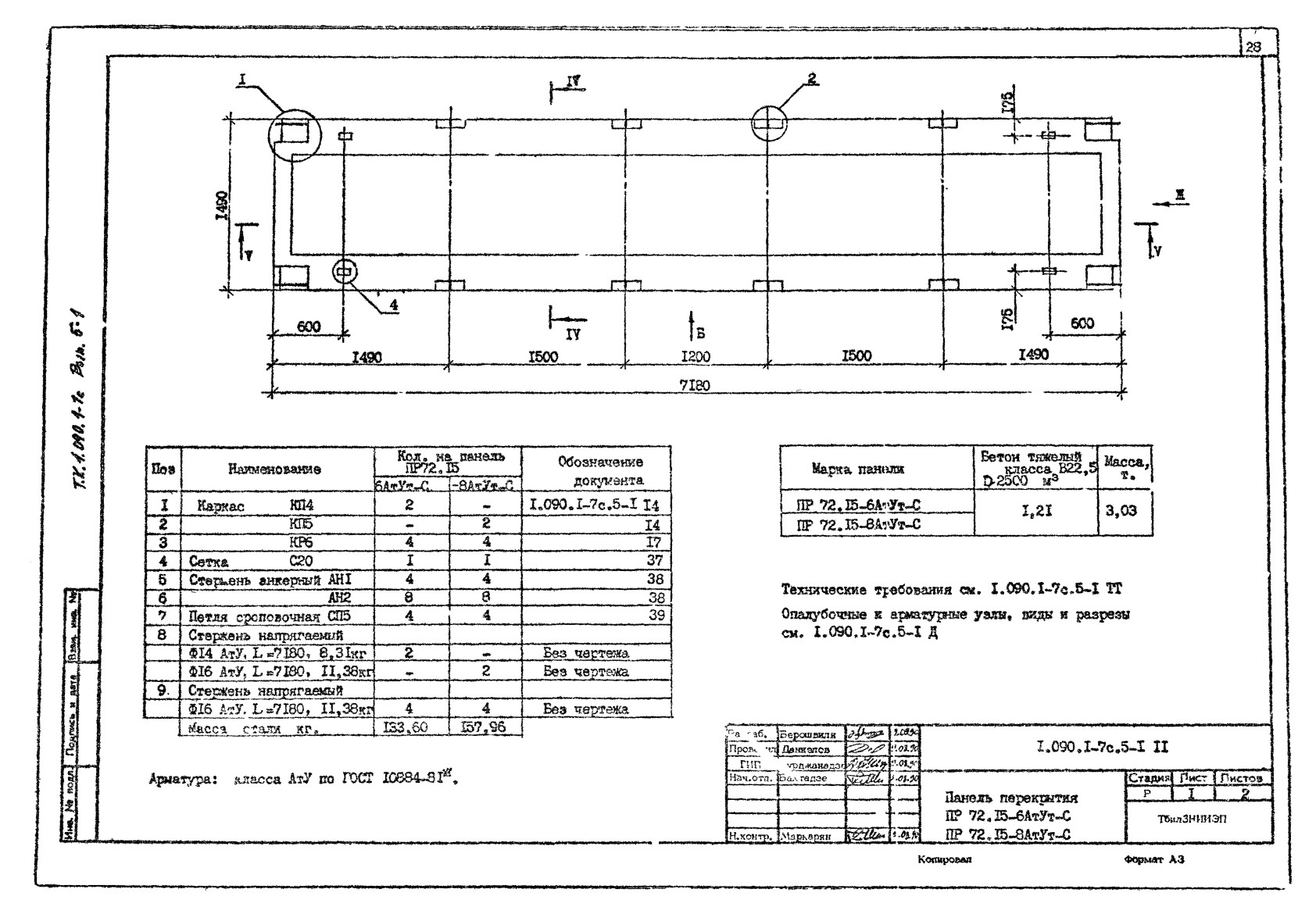 Плита ребристая ПР 72-15-8 АтVт-С (ПР 72-15-8 АтVт-С9), серия 1.090.1-7с