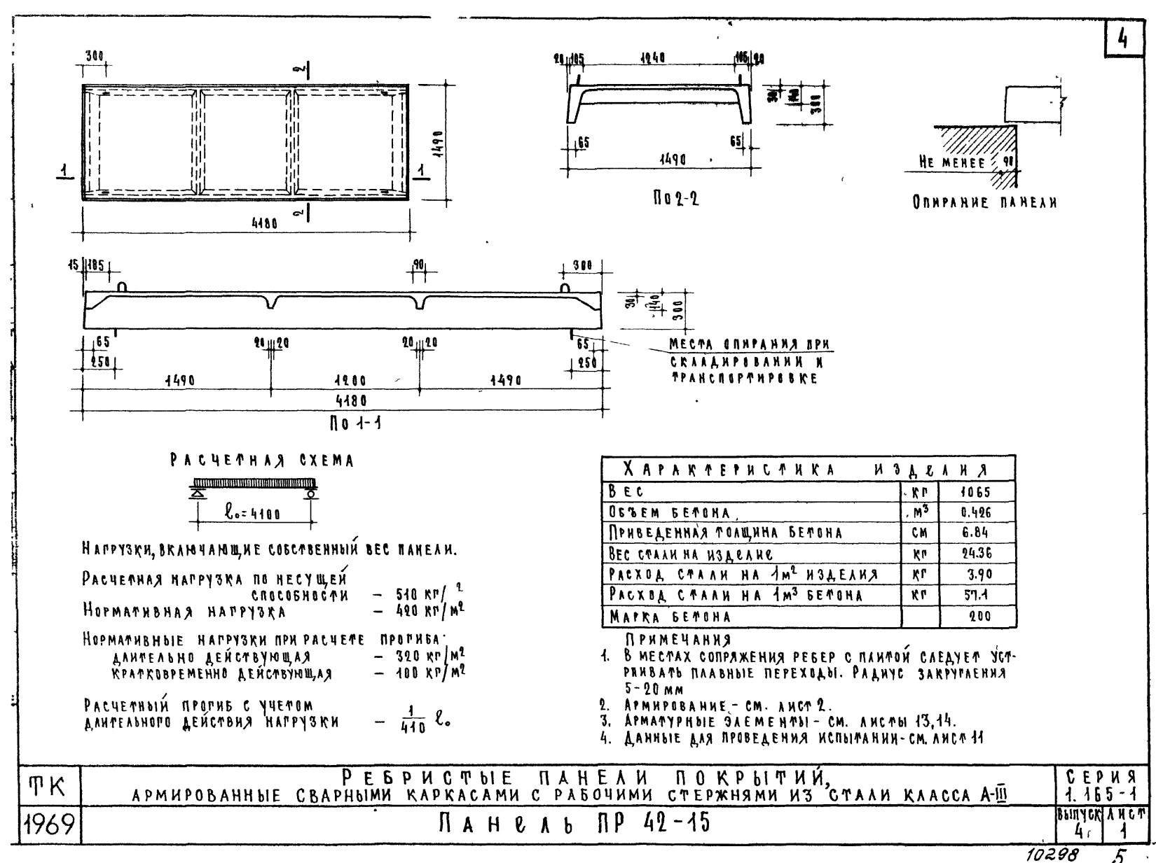 Панель покрытия ребристая ПР 42-15, серия 1.165-1, выпуск 4