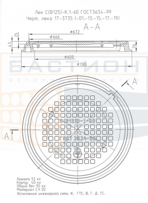 Люк средний чугунный С(В125)-ГТС.1-60 Ø780×76 мм