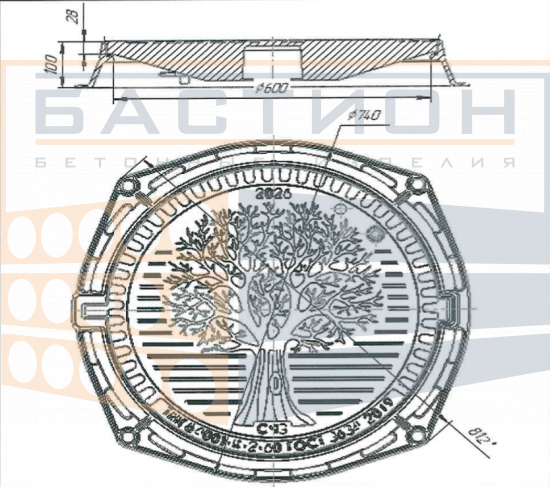 Люк тяжёлый магистральный чугунный ТМ(Д400)-В.2-60 с запорным устройством Ø740×100 мм