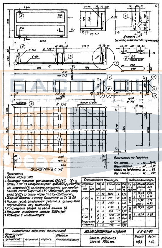 Плита ребристая КБ 3, серия ИИ-01-02