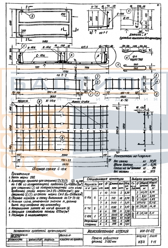 Плита ребристая КБ 4, серия ИИ-01-02