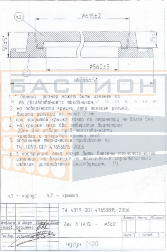 Люк легкий чугунный Л(А15)-Д.1-55 Ø735×50 мм
