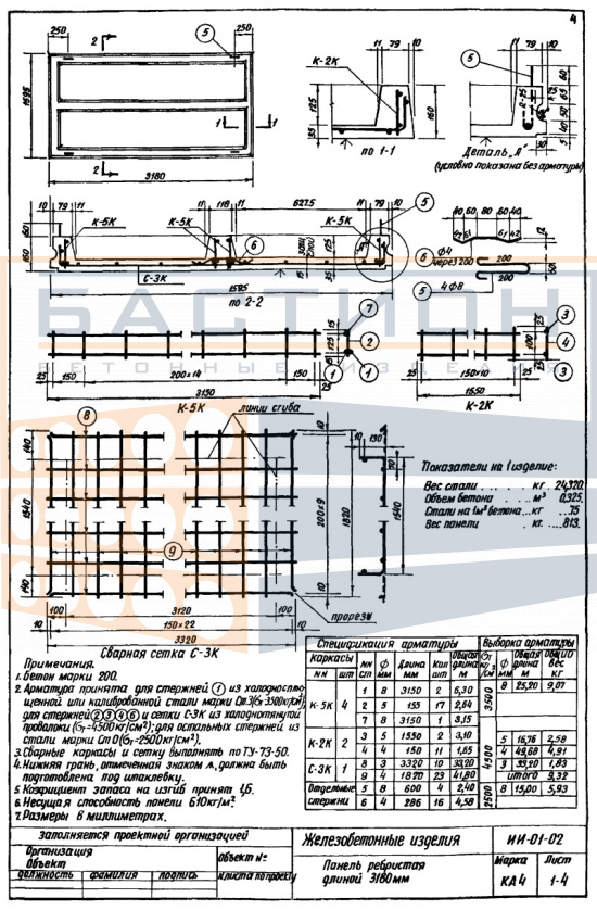 Плита ребристая КА 4, серия ИИ-01-02
