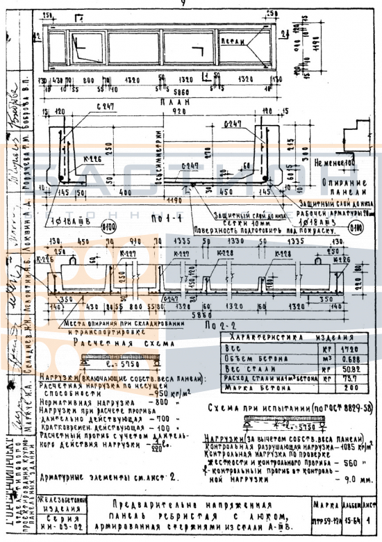 Ребристая плита ПТР 59-12 л (АIIIв), серия ИИ-03-02, альбом 15-64